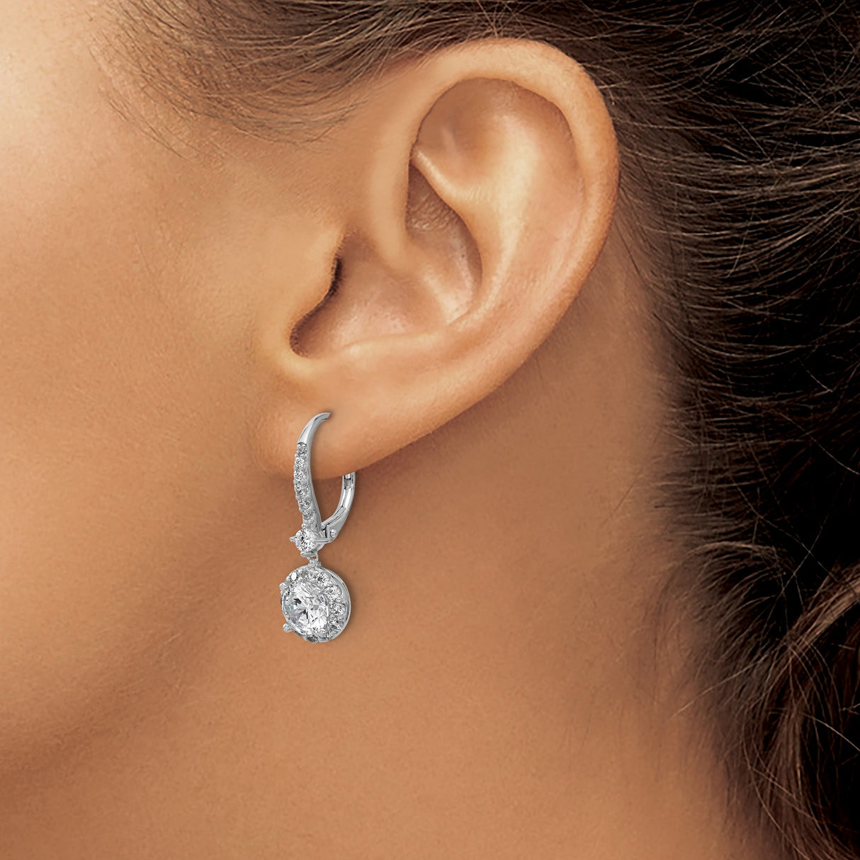 Sterling Silver Dangle Earrings with Round Cut Cubic Zirconia in Halo Setting