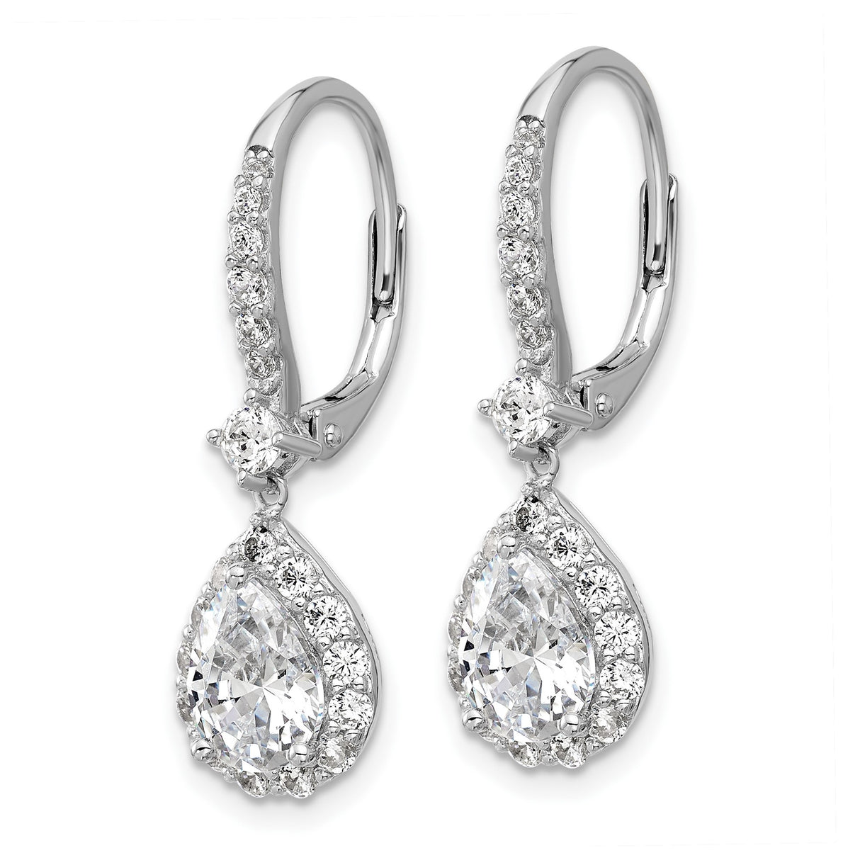Sterling Silver Dangle Earrings with Pear-Shaped Cubic Zirconia and Halo Design