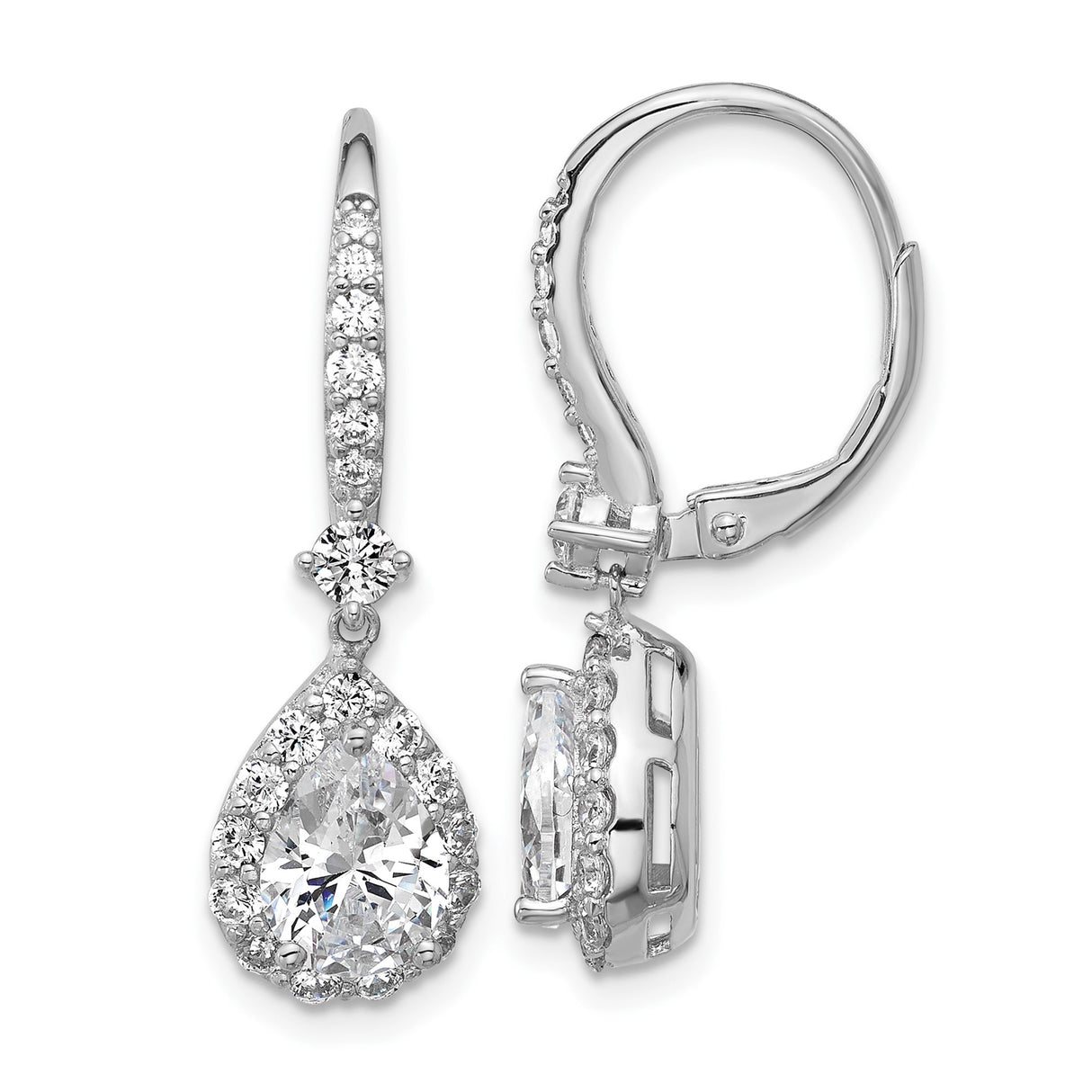 Sterling Silver Dangle Earrings with Pear-Shaped Cubic Zirconia and Halo Design