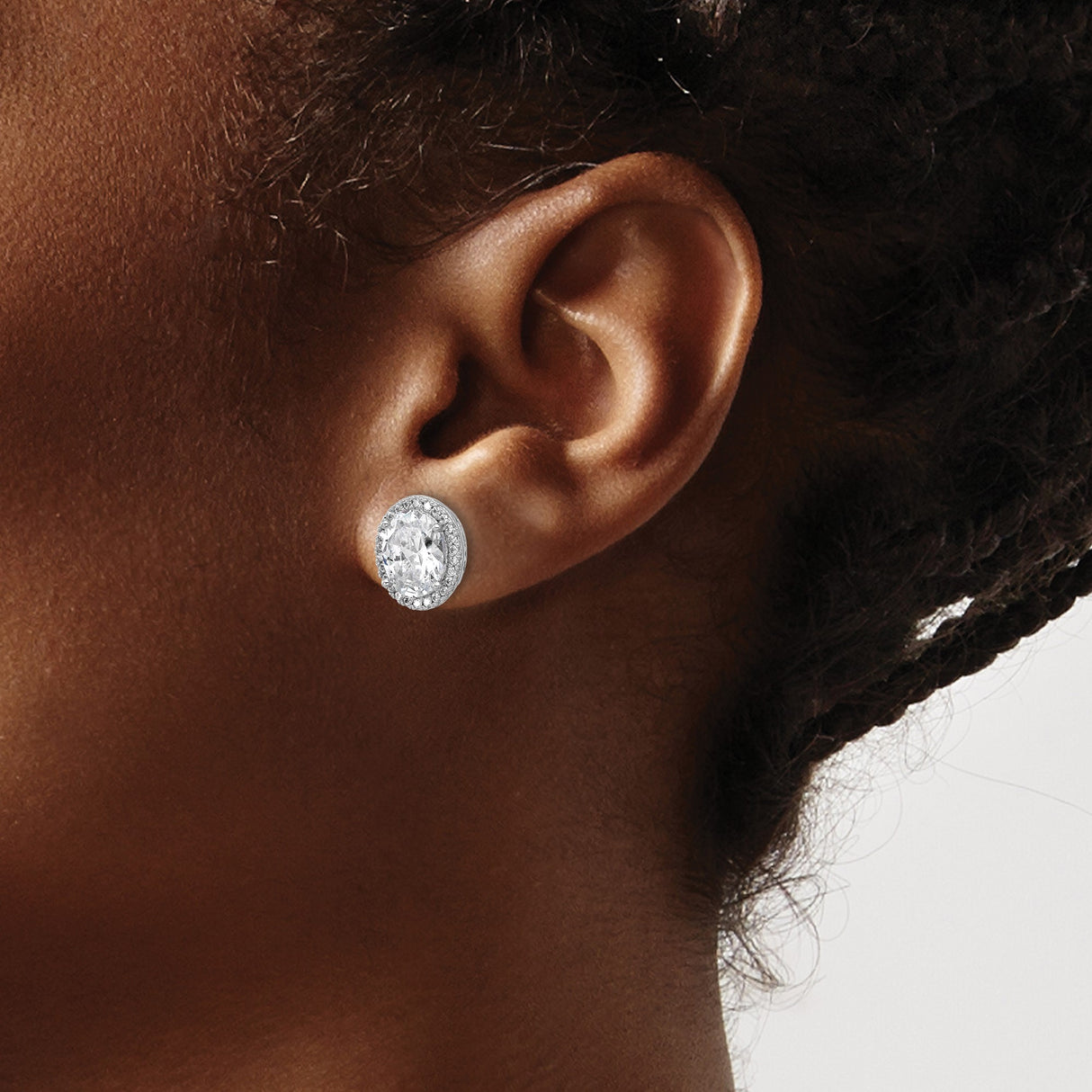 Sterling Silver Halo Stud Earrings with Oval Cubic Zirconia and Filigree Detail for Women