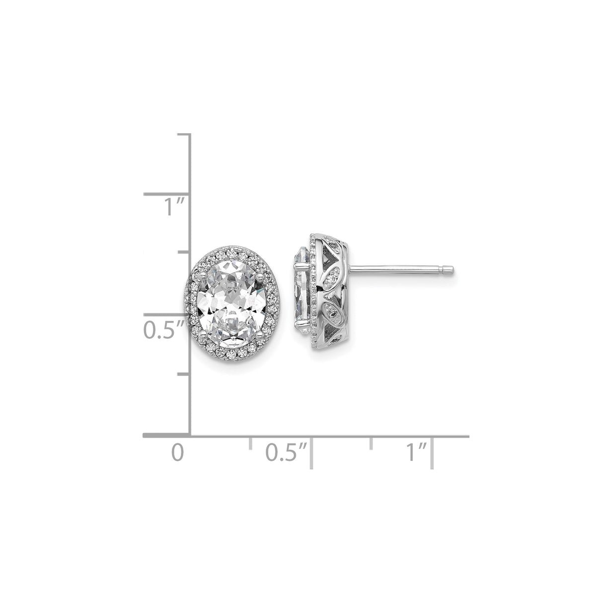 Sterling Silver Halo Stud Earrings with Oval Cubic Zirconia and Filigree Detail for Women