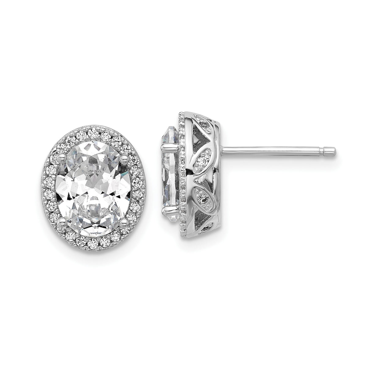 Sterling Silver Halo Stud Earrings with Oval Cubic Zirconia and Filigree Detail for Women