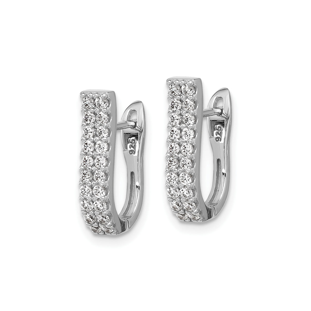 Sterling Silver Hoop Earrings with Double Row Pave Cubic Zirconia, Hinged Closure