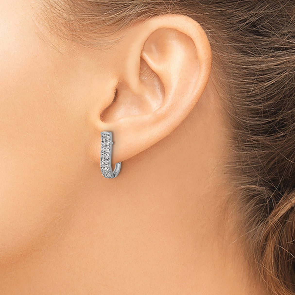 Sterling Silver Hoop Earrings with Double Row Pave Cubic Zirconia, Hinged Closure