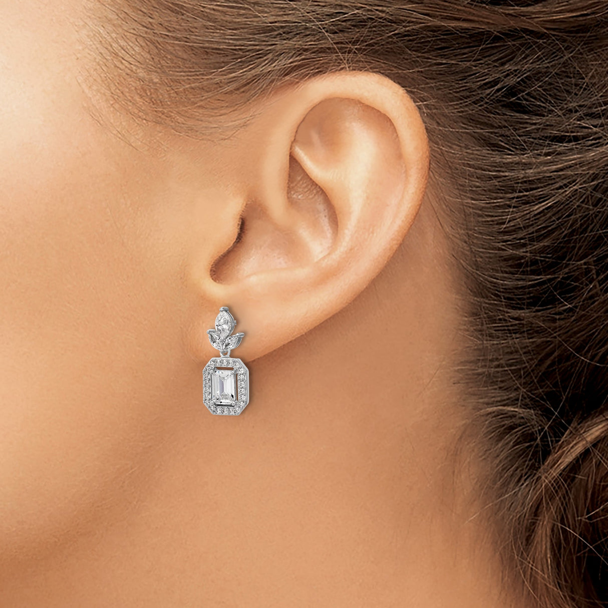 Sterling Silver Drop Earrings with Emerald Cut Cubic Zirconia, Halo and Marquise Accents, Floral Motif