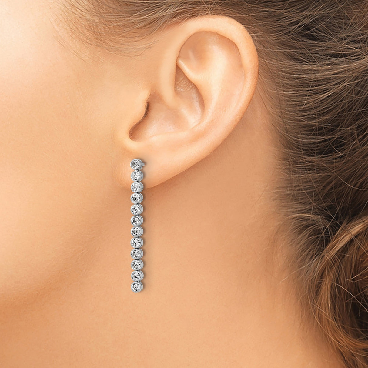 Sterling Silver Linear Drop Earrings with Cubic Zirconia, Rhodium Plated Long Bar Design