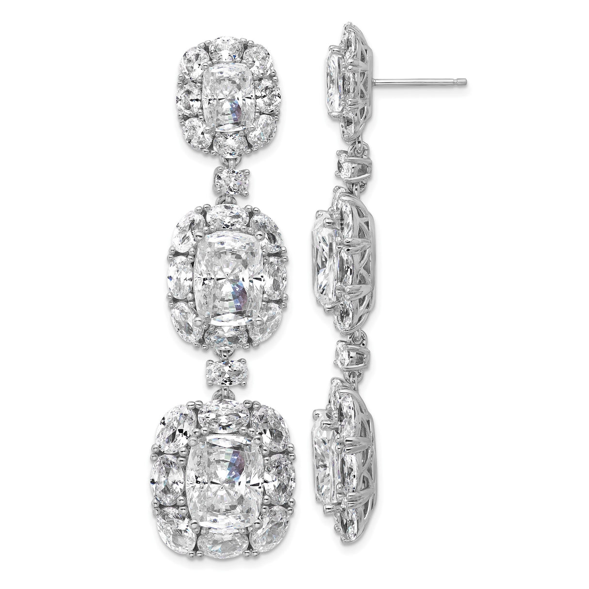 Sterling Silver Drop Earrings with Cubic Zirconia, Halo Setting, Vintage Tiered Dangle Design