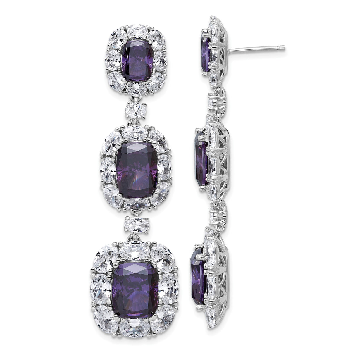 Sterling Silver Dangle Earrings with Three Cushion Cut Cubic Zirconia in Halo Setting