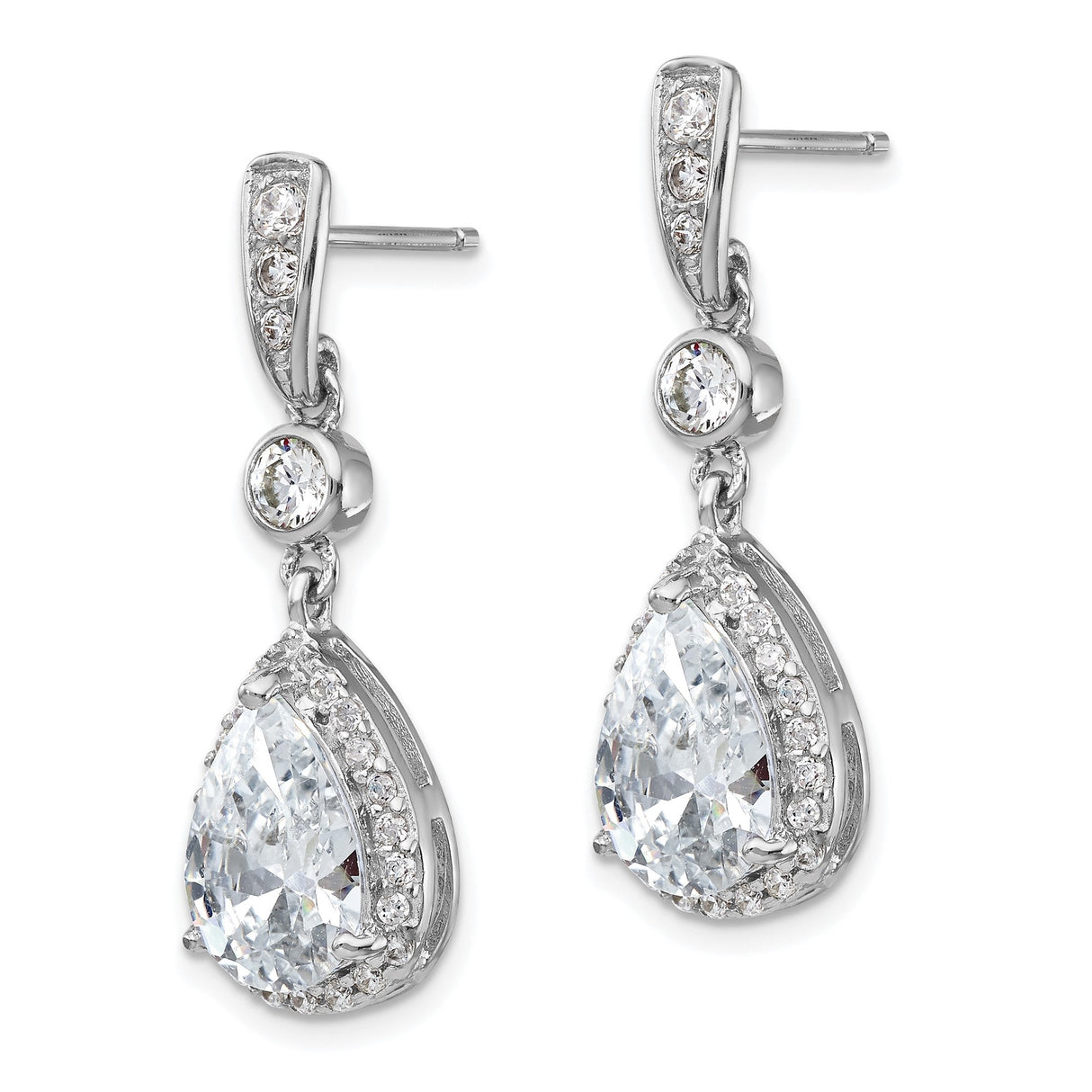 Sterling Silver Drop Earrings with Pear Shaped Cubic Zirconia and Halo Accent Stones