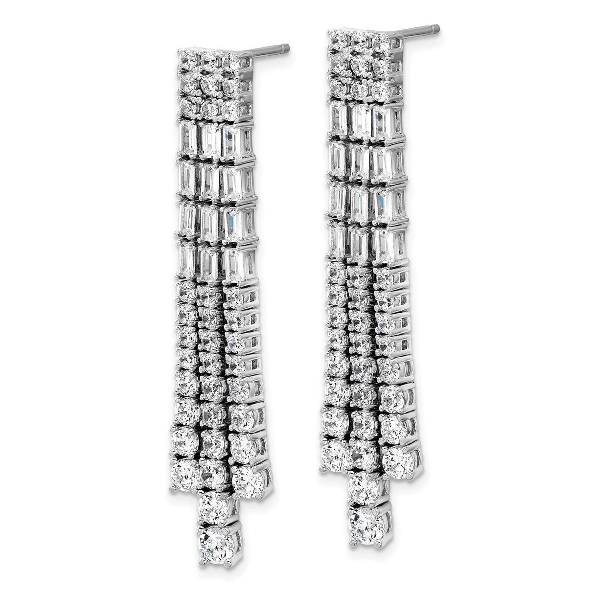 Sterling Silver Drop Earrings with Baguette and Round Cubic Zirconia, Chandelier Dangle Style