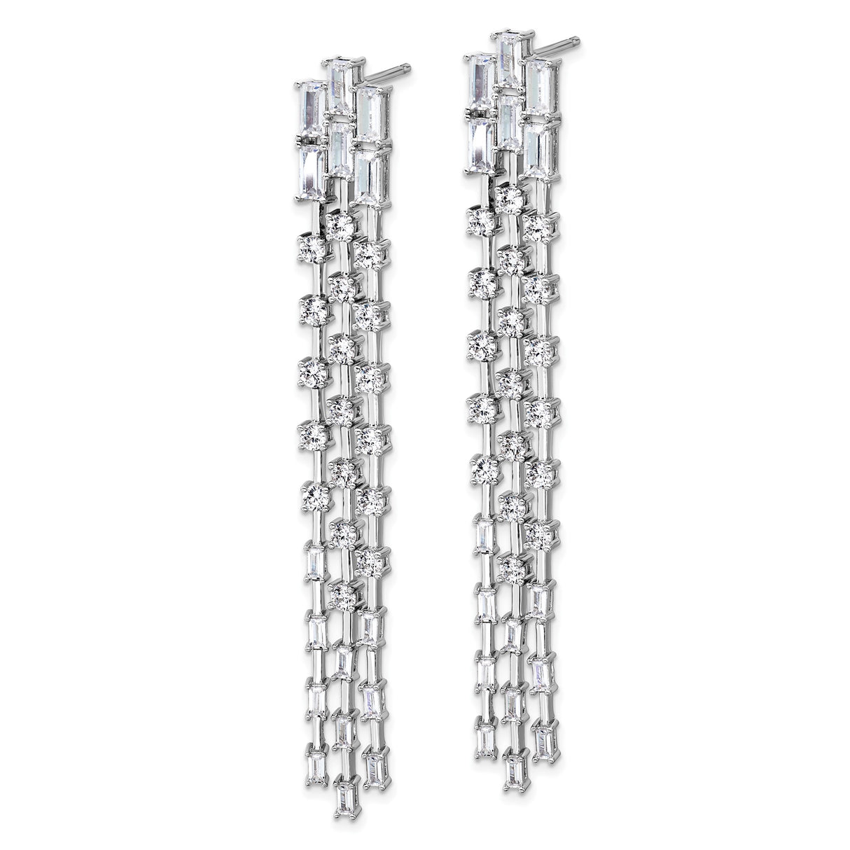 Sterling Silver Dangle Earrings with Baguette and Round Cubic Zirconia, Cascading Multi Row Design