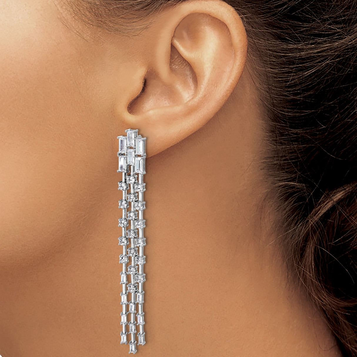 Sterling Silver Dangle Earrings with Baguette and Round Cubic Zirconia, Cascading Multi Row Design