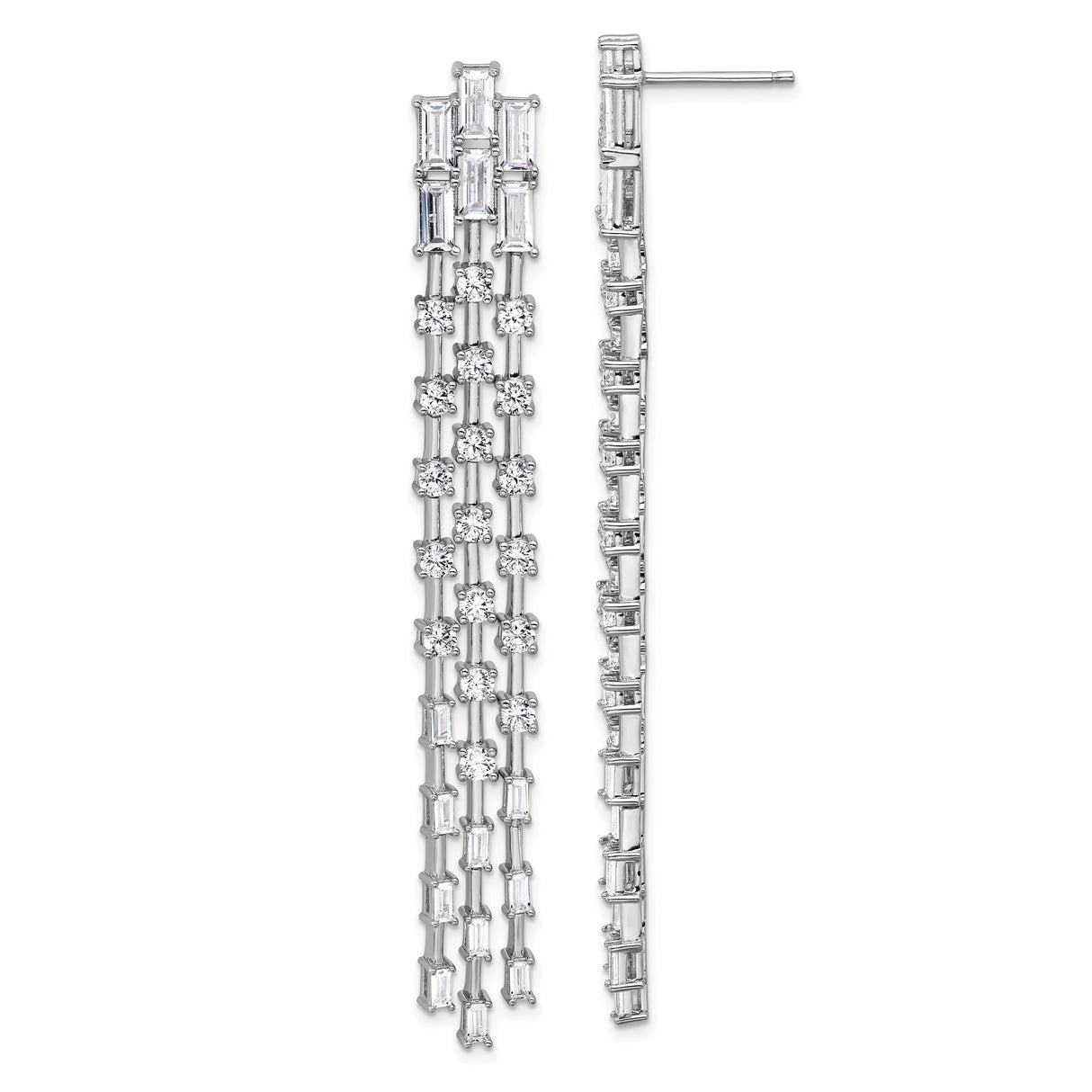 Sterling Silver Dangle Earrings with Baguette and Round Cubic Zirconia, Cascading Multi Row Design