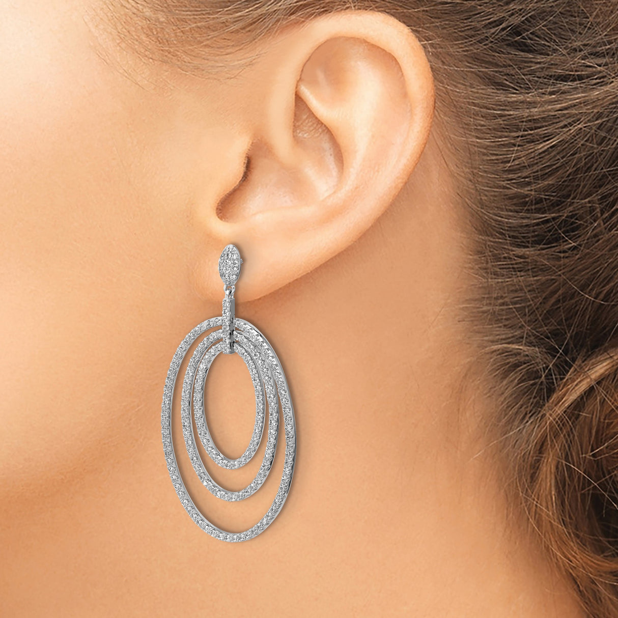 Sterling Silver Dangle Earrings with Cubic Zirconia, Graduated Oval Hoop Drop Design for Women