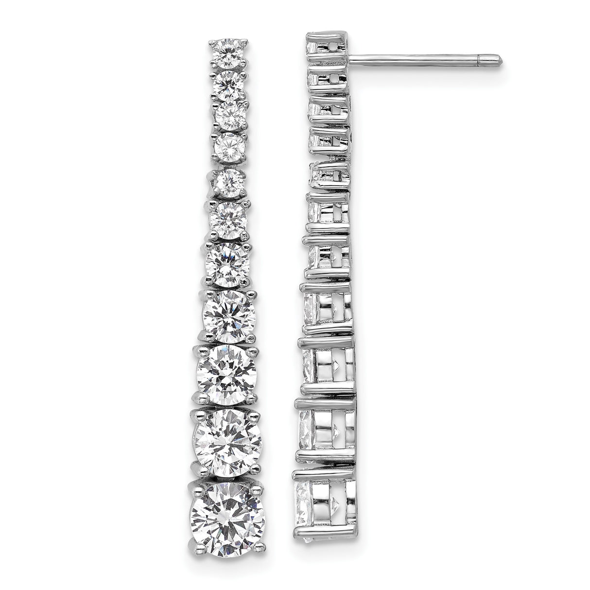 Sterling Silver Drop Earrings with Graduated Cubic Zirconia, Long Dangle Prong-Set Design