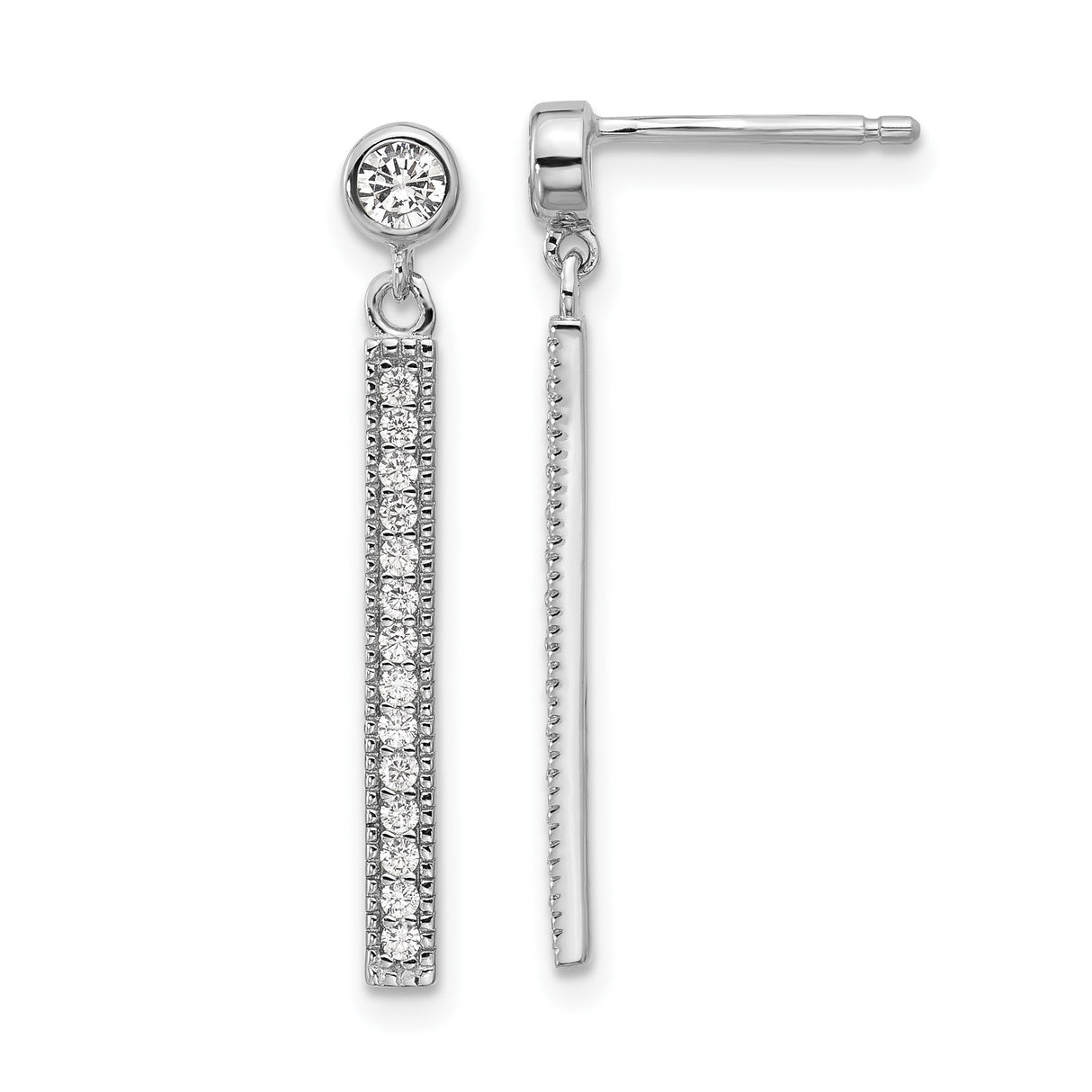 Sterling Silver Drop Earrings with Cubic Zirconia, Vertical Bar Design, Modern Dangle Style