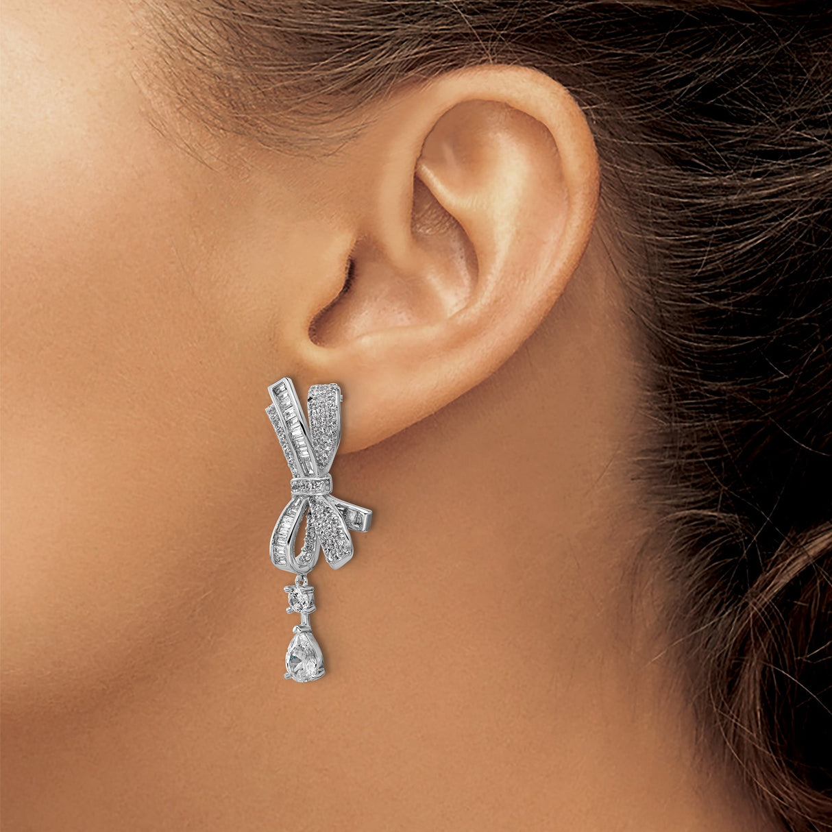 Sterling Silver Dangle Earrings with Cubic Zirconia, Bow and Teardrop Accent Design