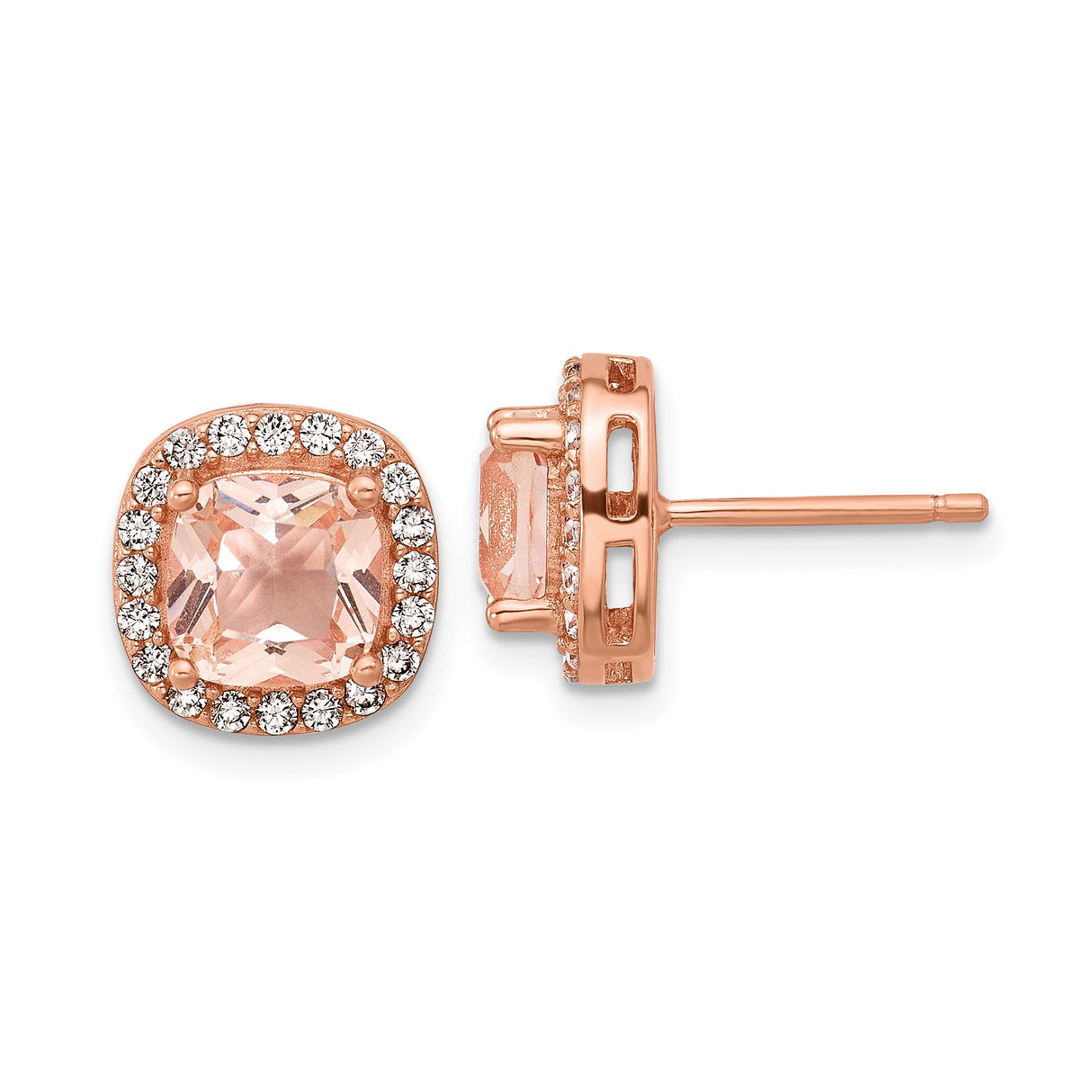 Sterling Silver Stud Earrings with Blush Pink Glass Center and Cubic Zirconia Halo