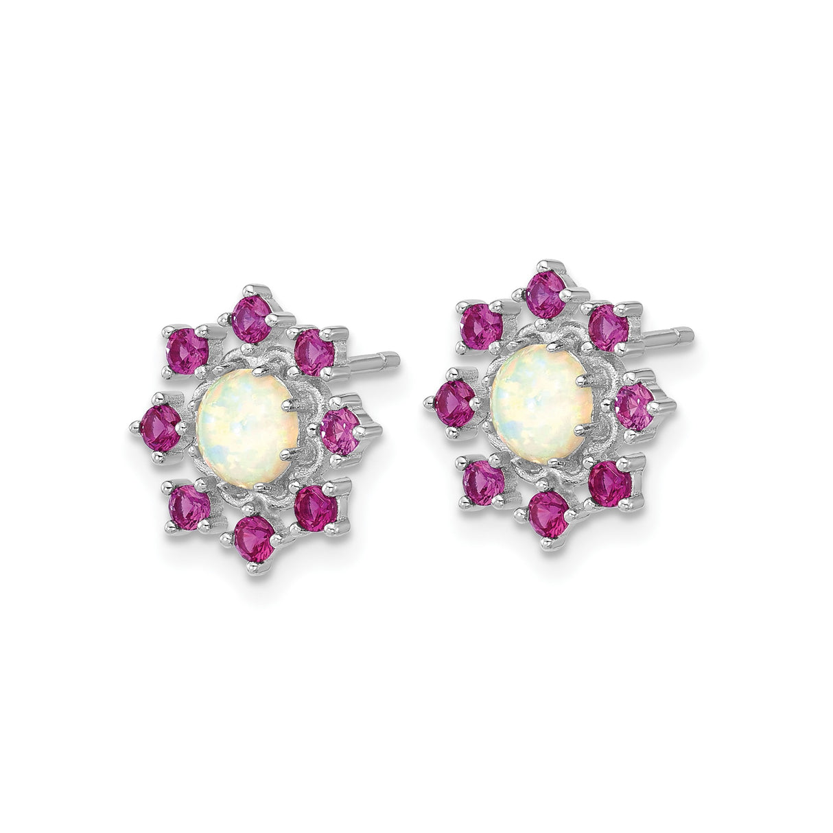 Sterling Silver Stud Earrings with Created Opal and Pink Cubic Zirconia, Floral Design