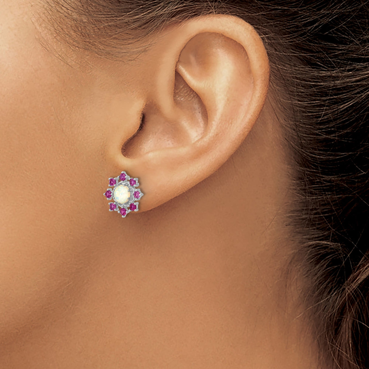 Sterling Silver Stud Earrings with Created Opal and Pink Cubic Zirconia, Floral Design