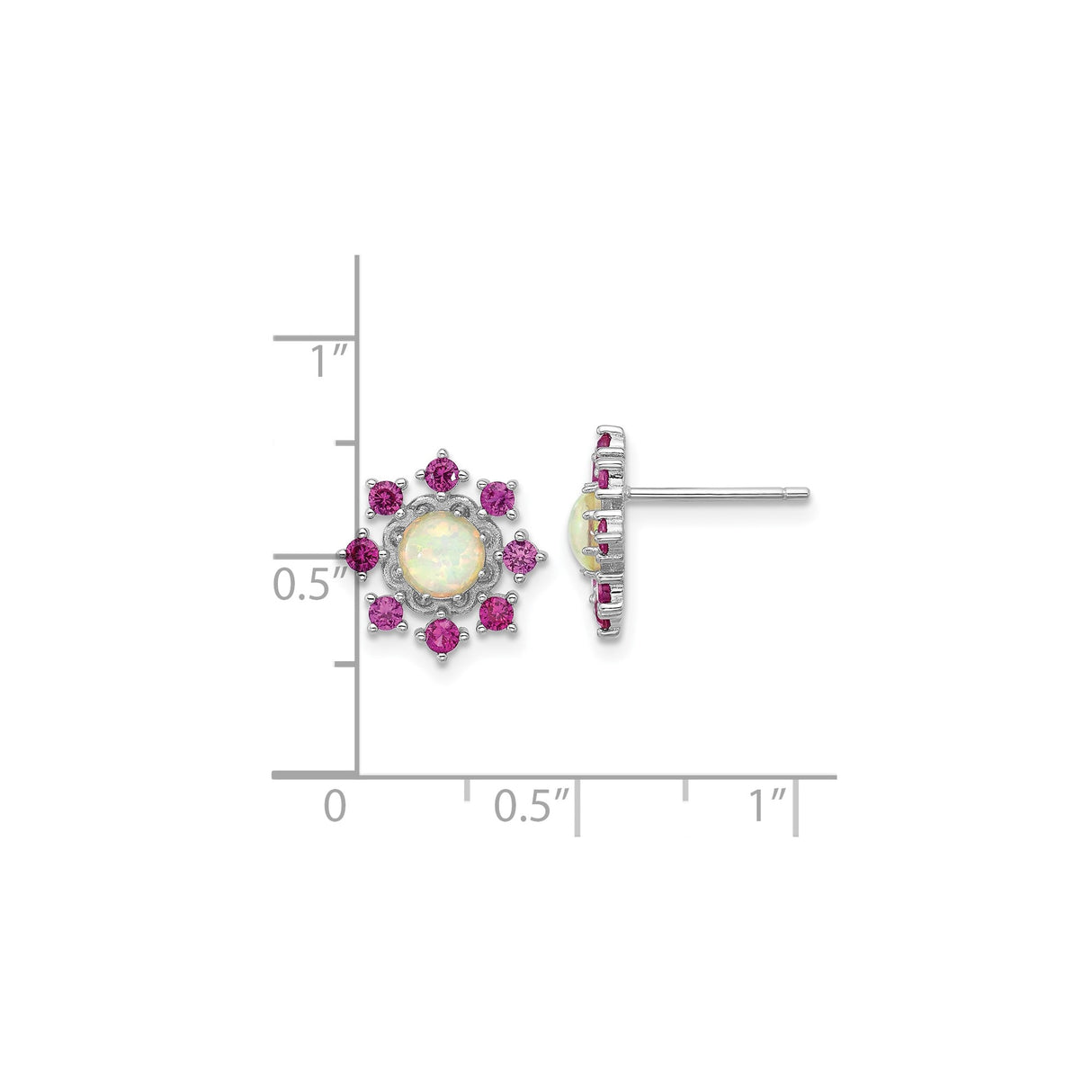 Sterling Silver Stud Earrings with Created Opal and Pink Cubic Zirconia, Floral Design