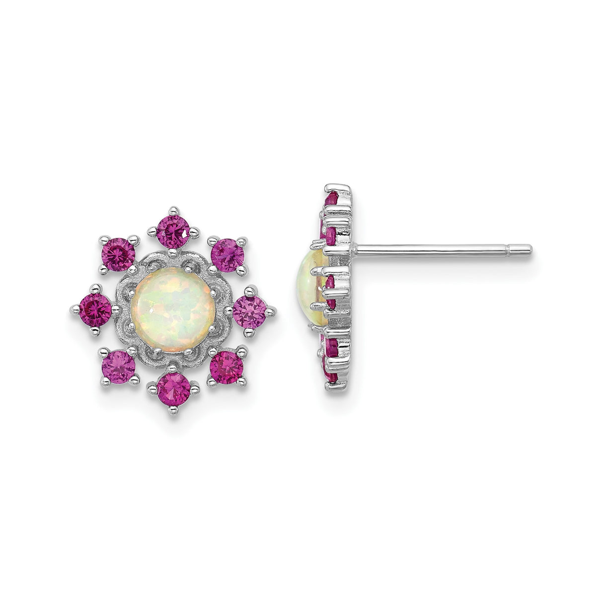 Sterling Silver Stud Earrings with Created Opal and Pink Cubic Zirconia, Floral Design