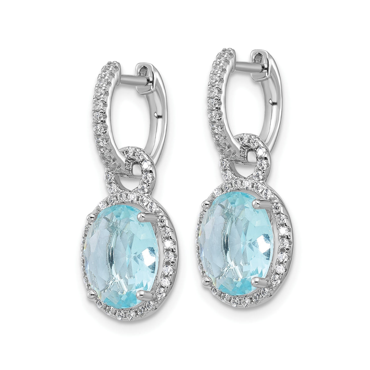 Sterling Silver Drop Earrings with Light Blue Glass and Halo Cubic Zirconia Accents
