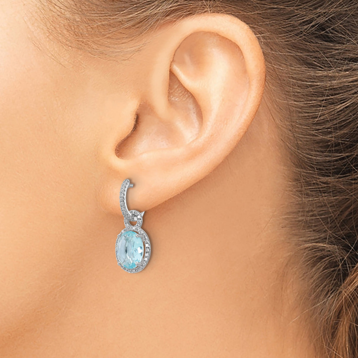 Sterling Silver Drop Earrings with Light Blue Glass and Halo Cubic Zirconia Accents