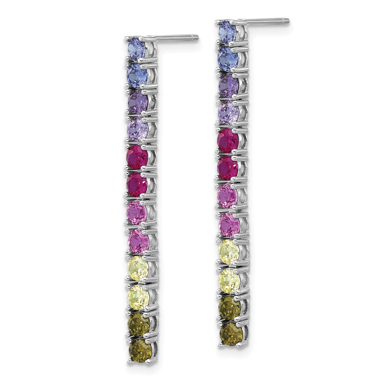 Sterling Silver Dangle Earrings with Rainbow Gradient Cubic Zirconia, Vertical Bar Design