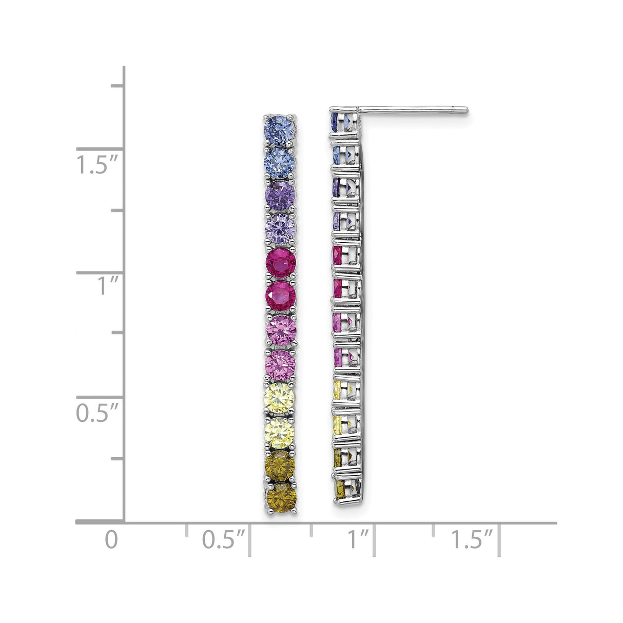 Sterling Silver Dangle Earrings with Rainbow Gradient Cubic Zirconia, Vertical Bar Design