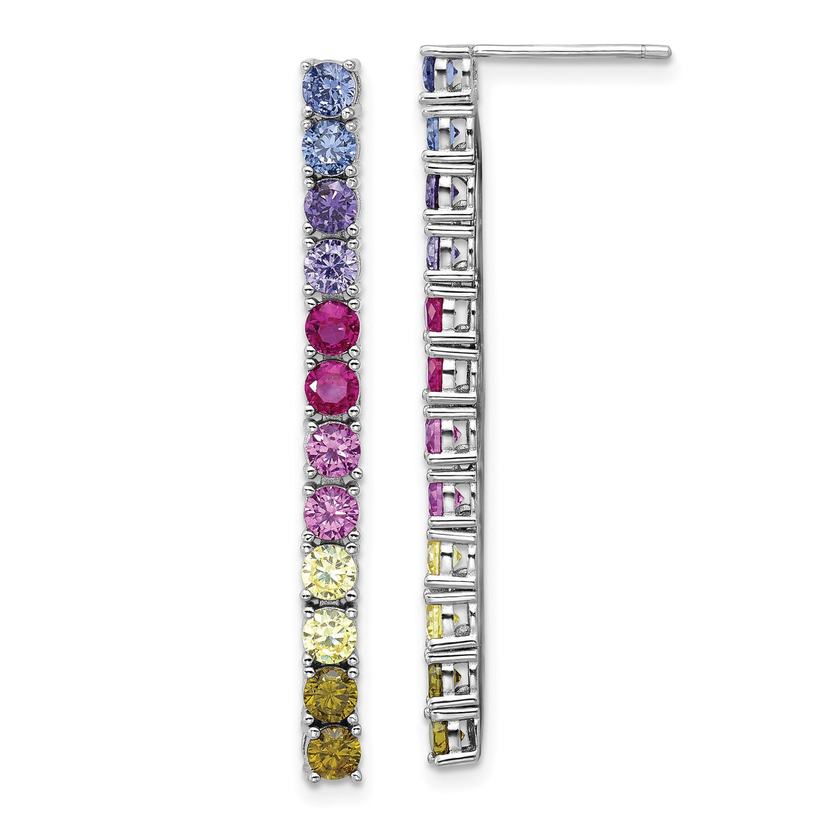 Sterling Silver Dangle Earrings with Rainbow Gradient Cubic Zirconia, Vertical Bar Design