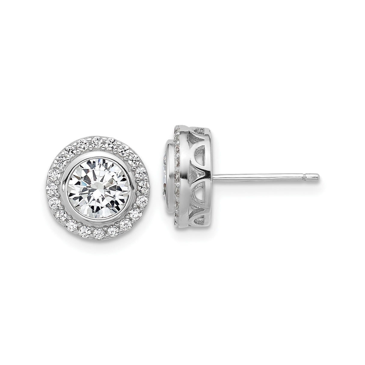 Sterling Silver Stud Earrings with Clear Cubic Zirconia Center and Halo Design