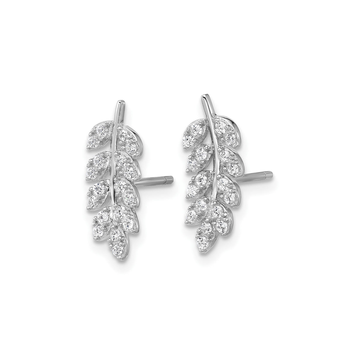 Sterling Silver Leaf Stud Earrings with Cubic Zirconia, Botanical Branch Design