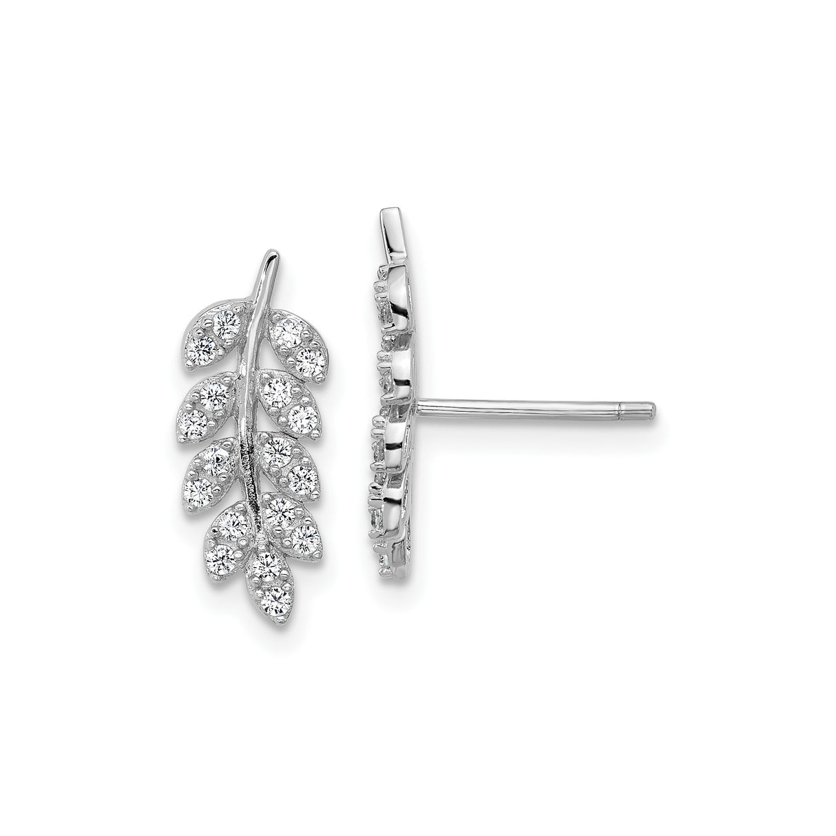 Sterling Silver Leaf Stud Earrings with Cubic Zirconia, Botanical Branch Design
