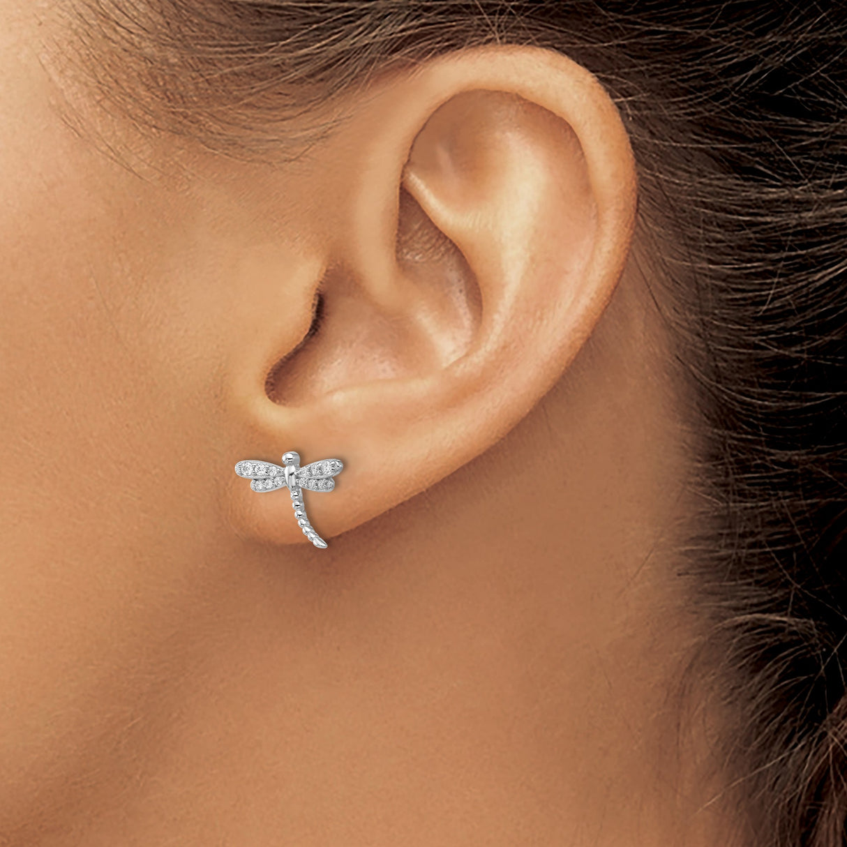 Sterling Silver Dragonfly Stud Earrings with Cubic Zirconia, Rhodium Plated Insect Design