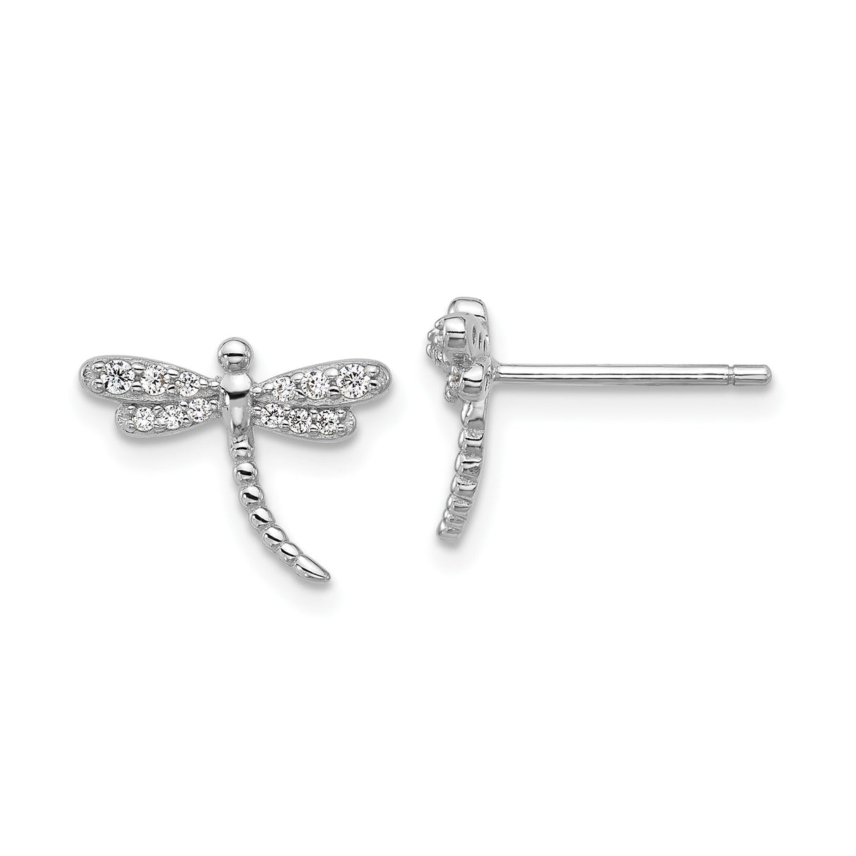 Sterling Silver Dragonfly Stud Earrings with Cubic Zirconia, Rhodium Plated Insect Design