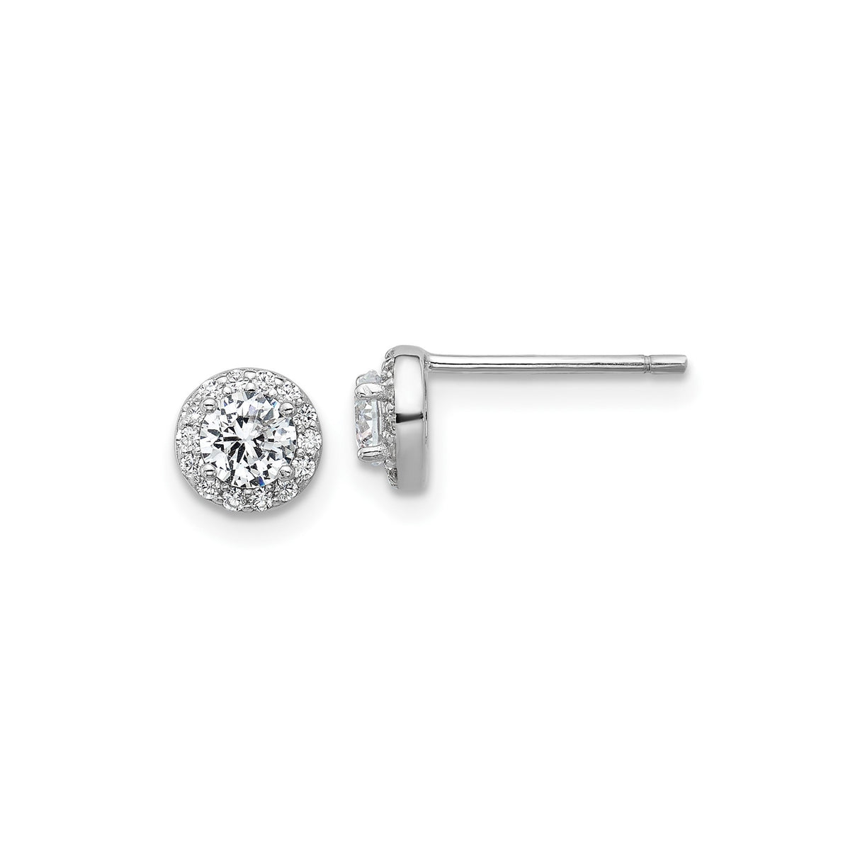 Sterling Silver Halo Stud Earrings with Round Cut Cubic Zirconia, Rhodium Plated Classic Design
