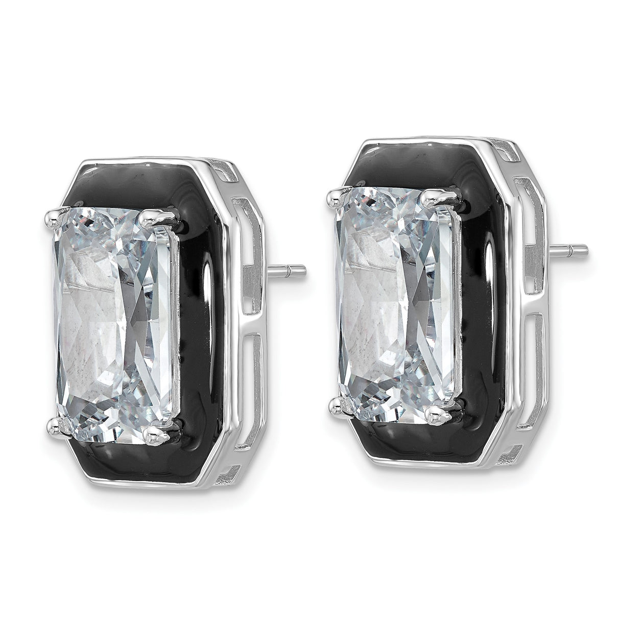 Sterling Silver Stud Earrings with Emerald Cut Cubic Zirconia and Black Enamel Frame