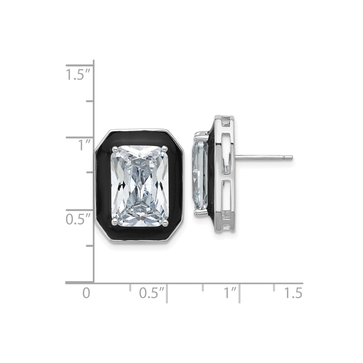 Sterling Silver Stud Earrings with Emerald Cut Cubic Zirconia and Black Enamel Frame