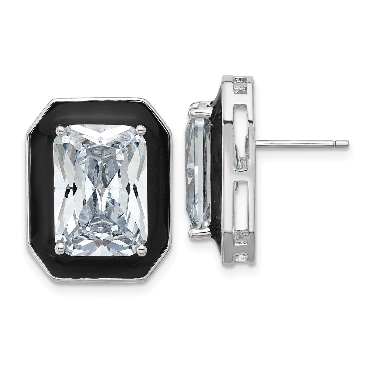 Sterling Silver Stud Earrings with Emerald Cut Cubic Zirconia and Black Enamel Frame