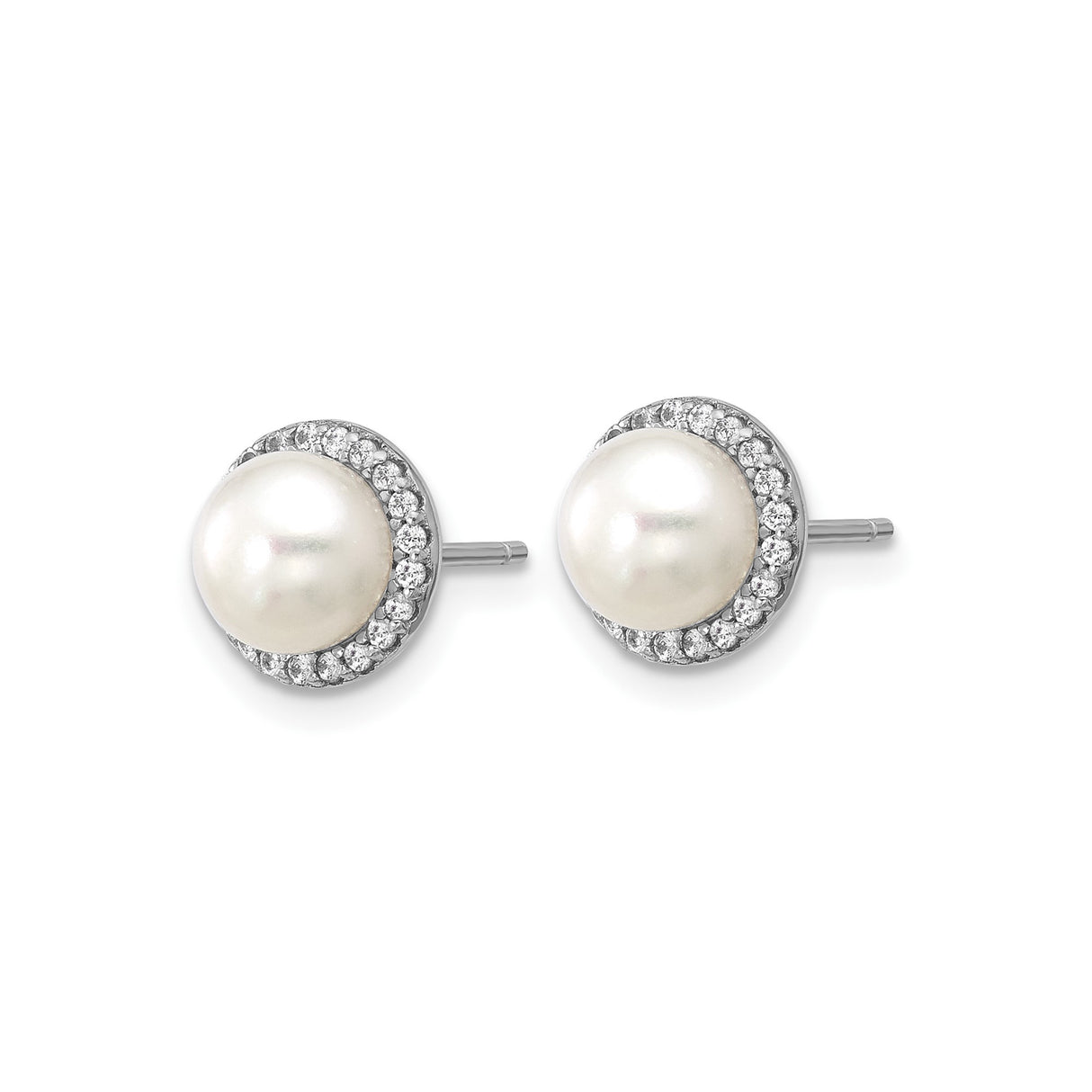 Sterling Silver Pearl Stud Earrings with Cubic Zirconia Halo, Classic Minimalist Style