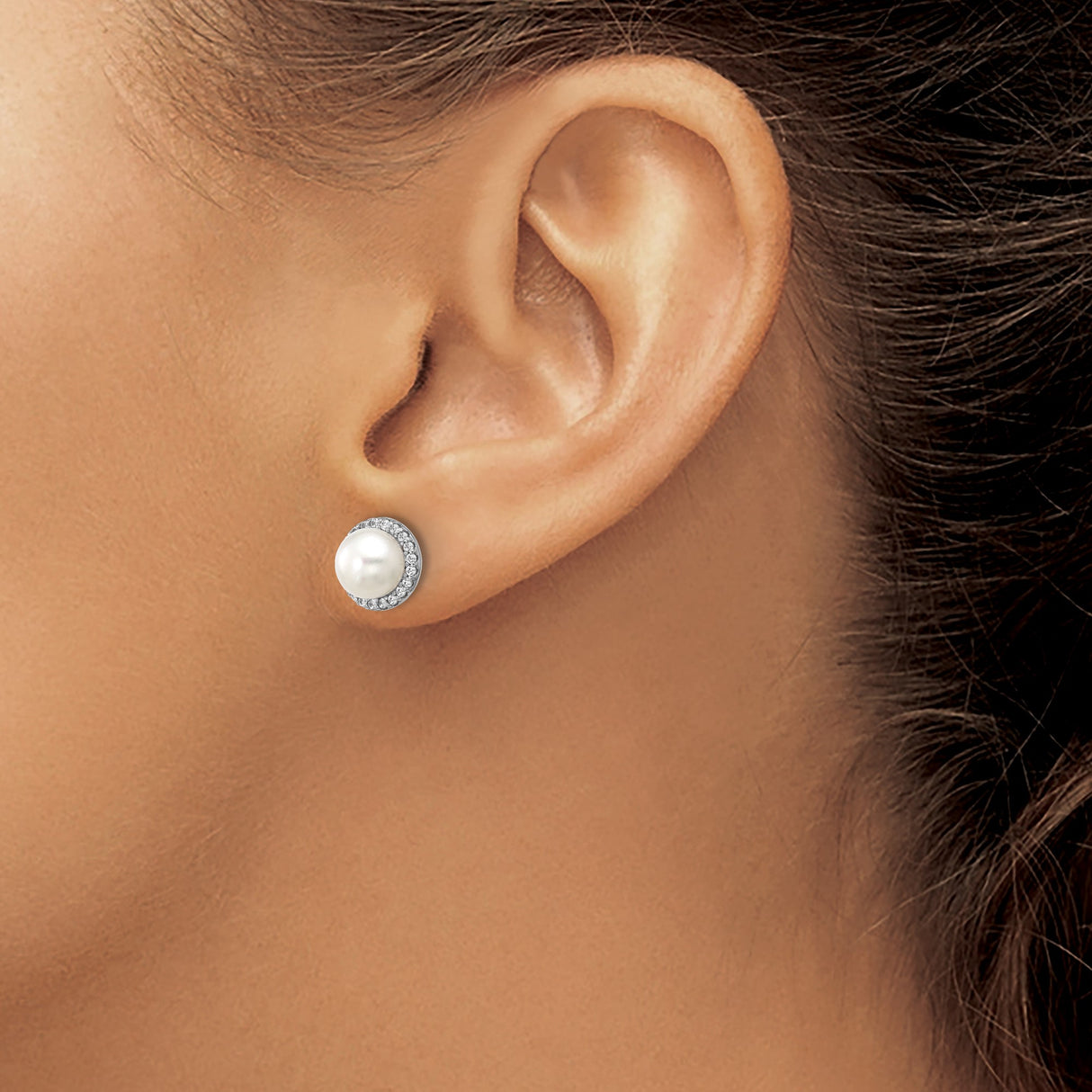 Sterling Silver Pearl Stud Earrings with Cubic Zirconia Halo, Classic Minimalist Style