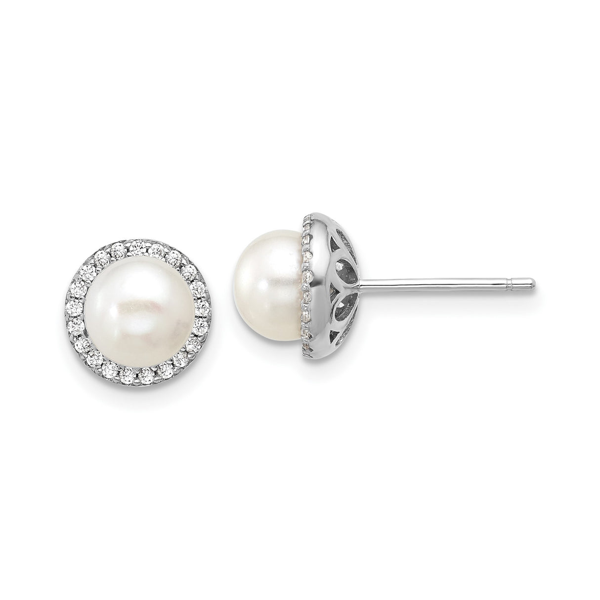 Sterling Silver Pearl Stud Earrings with Cubic Zirconia Halo, Classic Minimalist Style