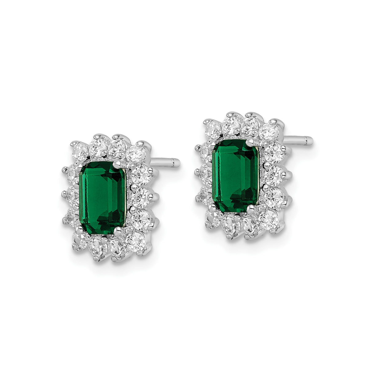 Sterling Silver Stud Earrings with Emerald Cut Green Cubic Zirconia and Halo Design