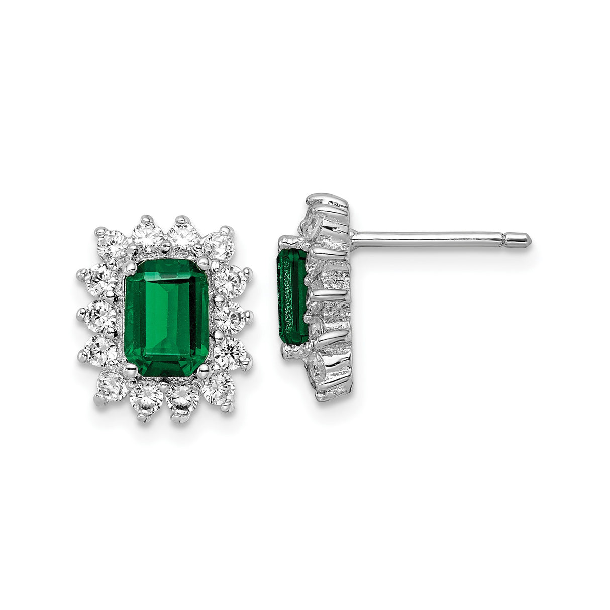 Sterling Silver Stud Earrings with Emerald Cut Green Cubic Zirconia and Halo Design