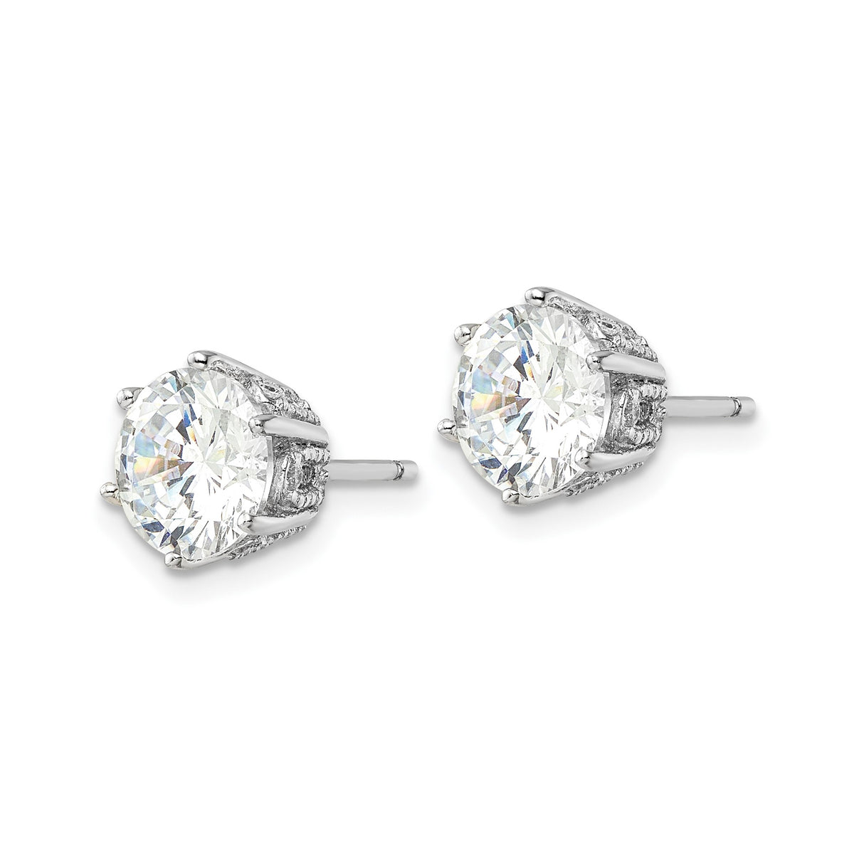 Sterling Silver Stud Earrings with Clear Cubic Zirconia, Four Prong Setting, Accent Side Stones