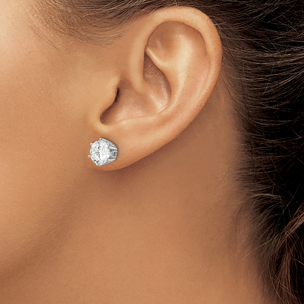 Sterling Silver Stud Earrings with Clear Cubic Zirconia, Four Prong Setting, Accent Side Stones