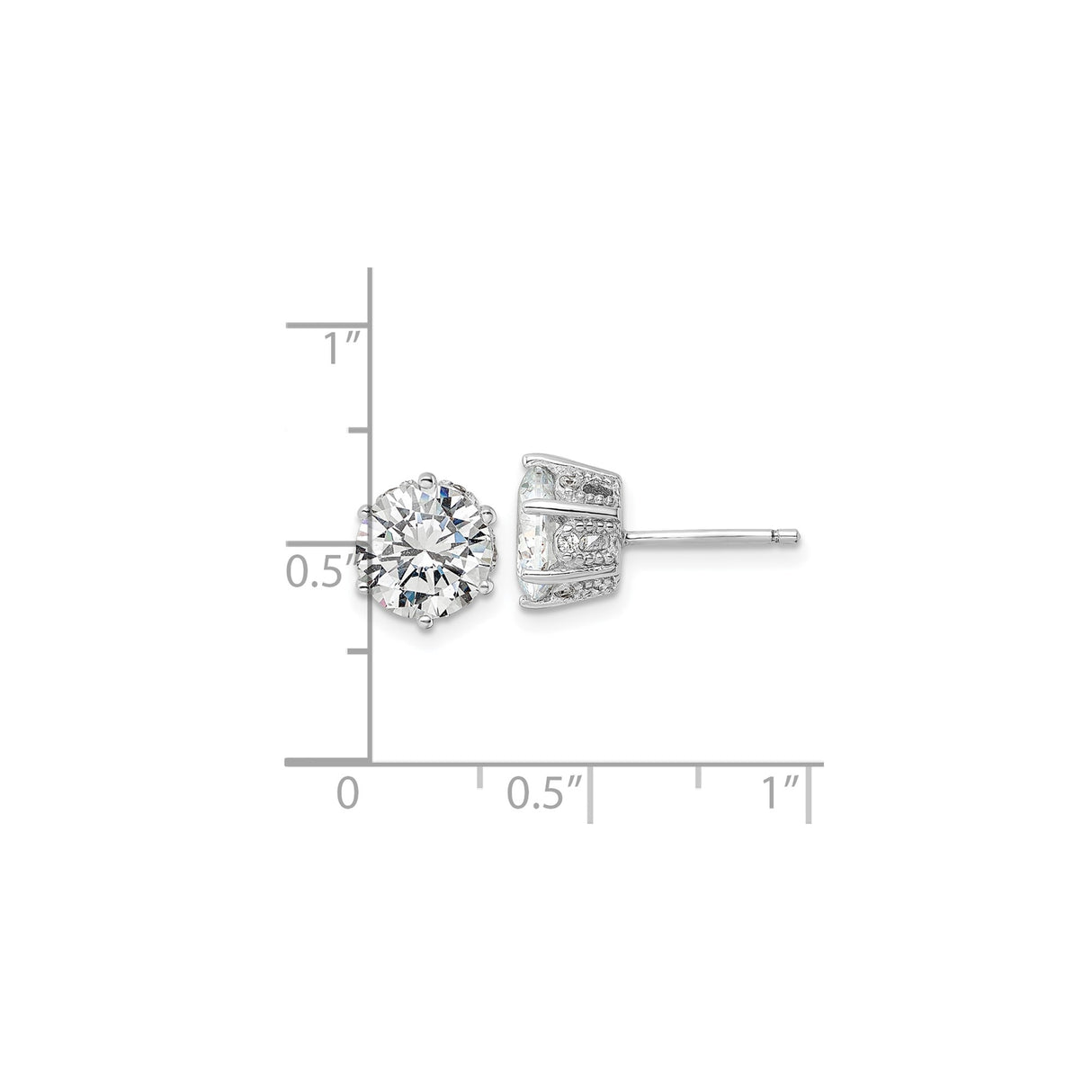Sterling Silver Stud Earrings with Clear Cubic Zirconia, Four Prong Setting, Accent Side Stones