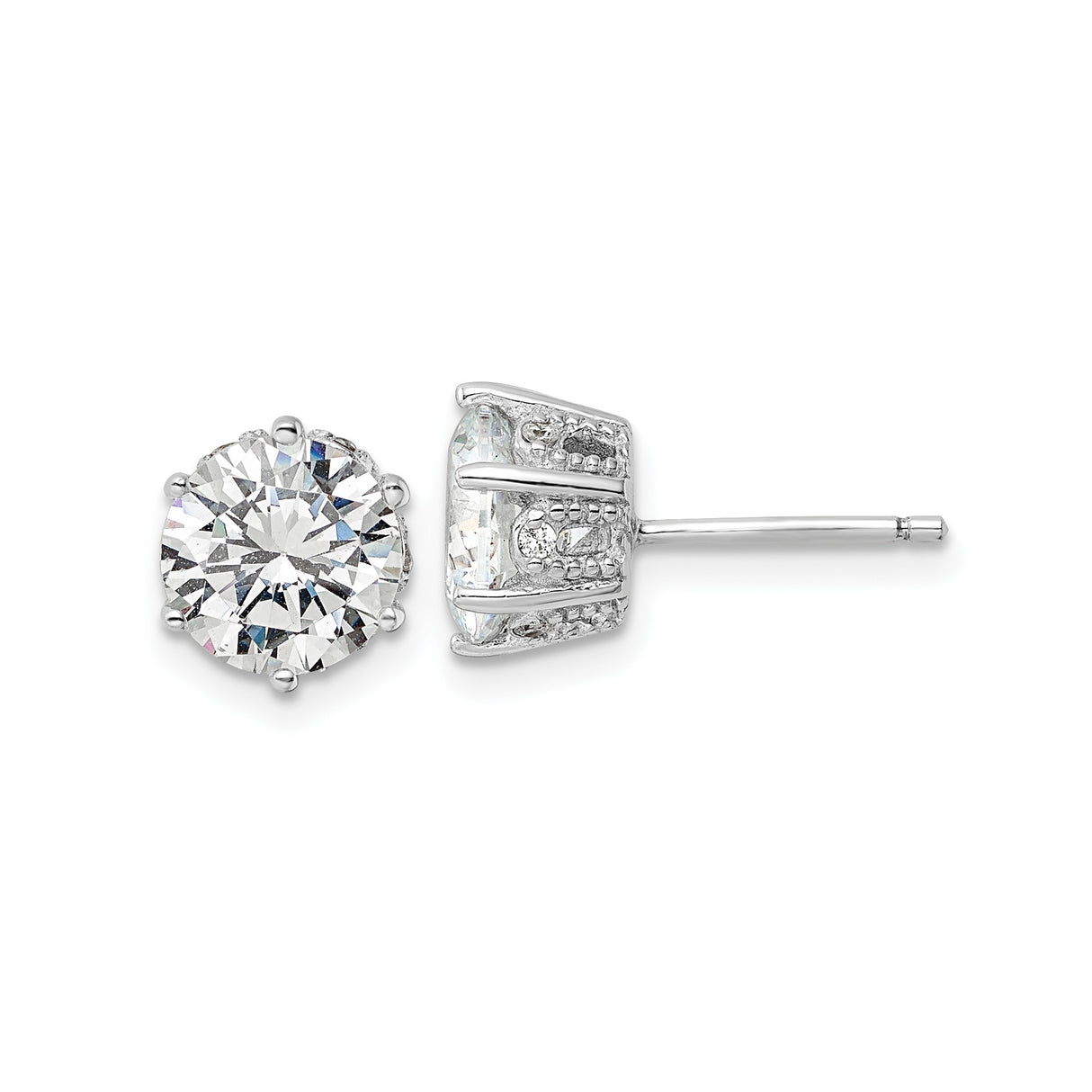 Sterling Silver Stud Earrings with Clear Cubic Zirconia, Four Prong Setting, Accent Side Stones