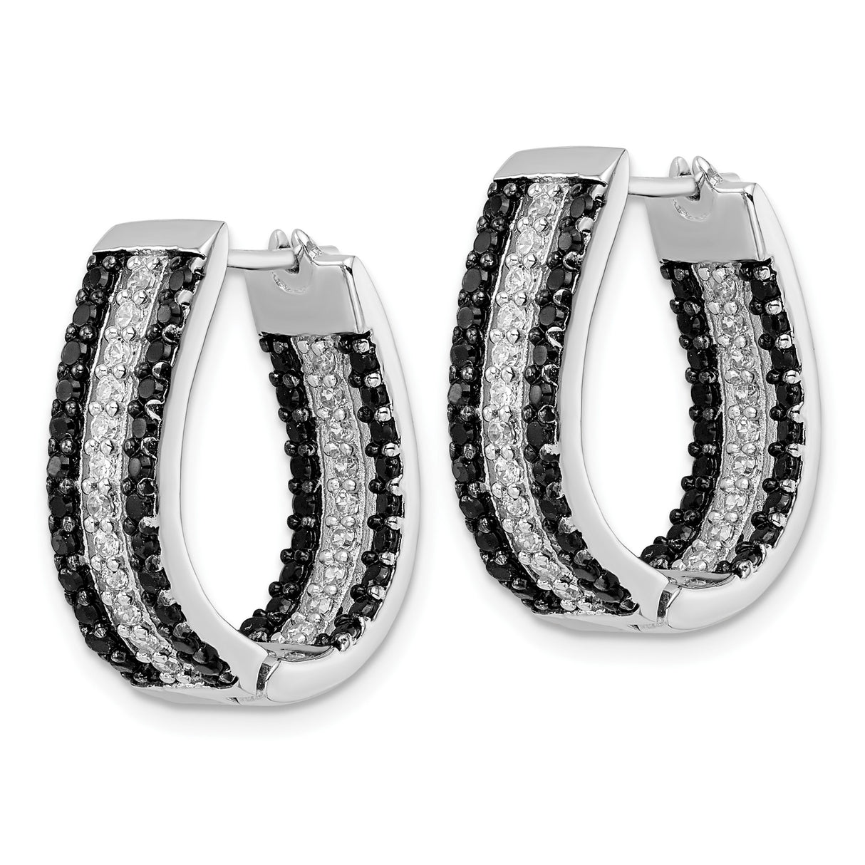 Sterling Silver Hoop Earrings with Black and White Cubic Zirconia, Three Row Modern Design
